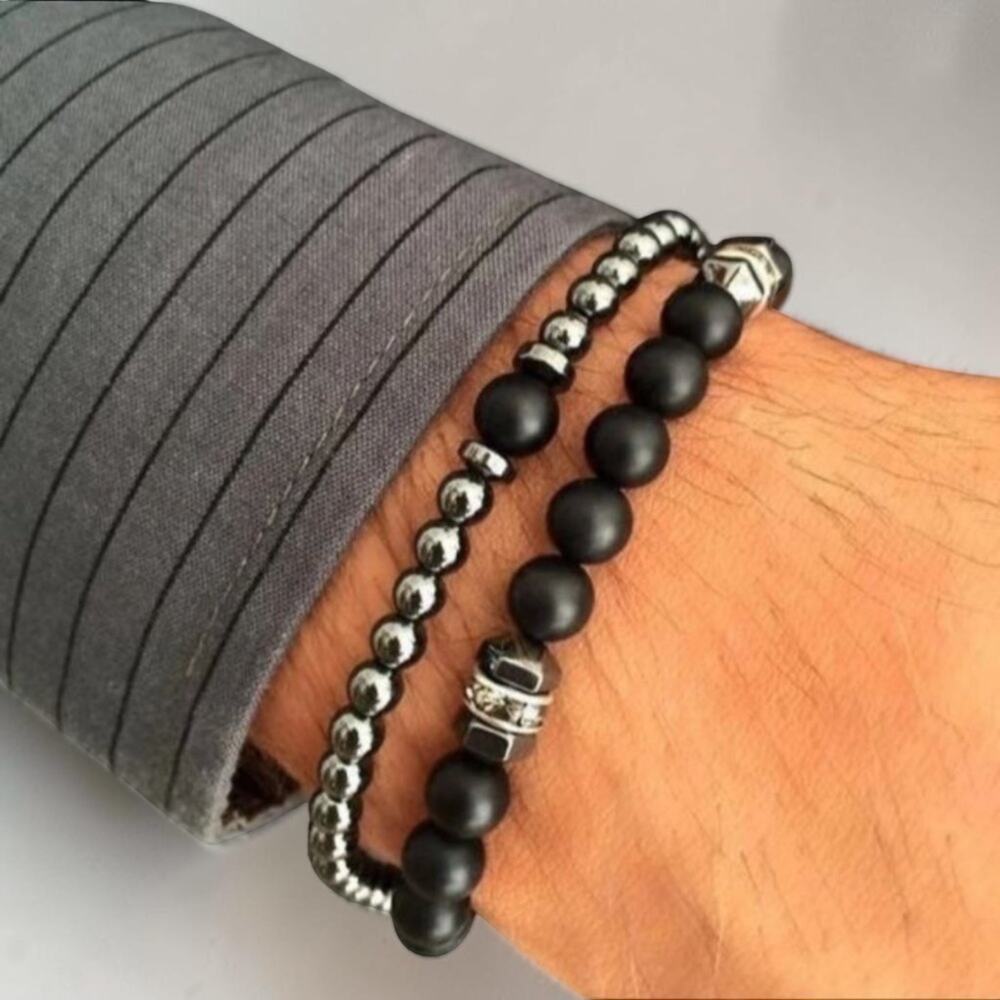 2pc Stone Bead Men Bracelet Set